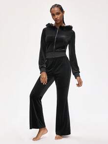 女士休闲运动拉链连帽外套和裤子家居服套装，冬季服装 - 黑色 - 查看 4