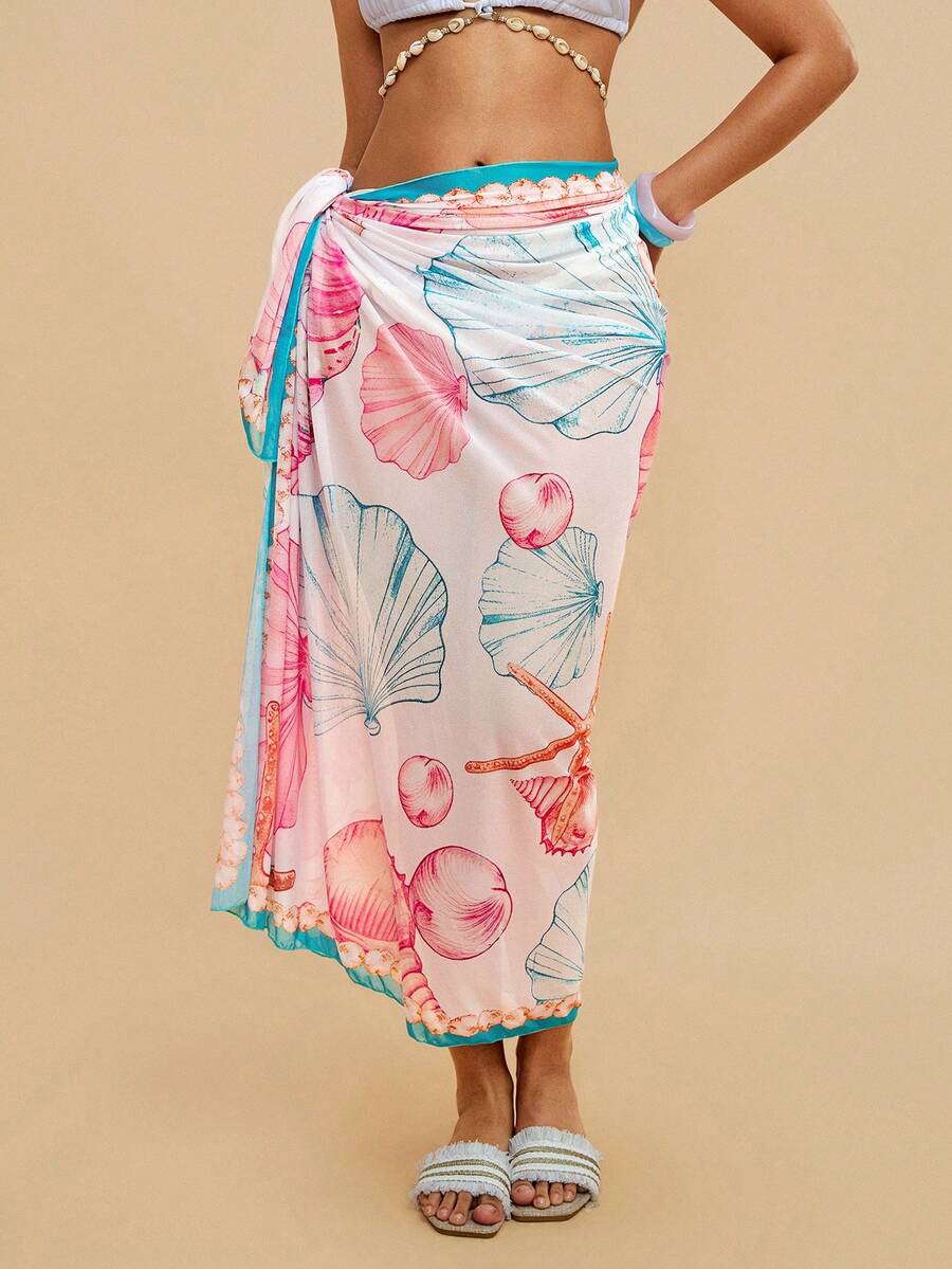 Travachic Áo choàng đi biển in họa tiết vỏ sò phong cách Bohemian – Váy quấn bằng chiffon nhẹ, kiểu dáng buộc dây, thích hợp mặc ngoài bikini mùa hè, chống nắng, dành cho nữ. - Nhiều màu - Xem 1