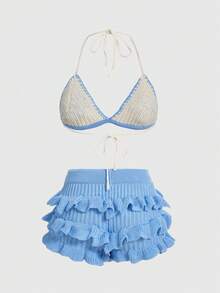 ROMWE Fairycore Y2K Style Handmade Crochet Women Beach Vacation Knit Set - Blue - View 2