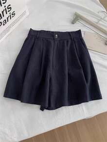 Quần short nữ dáng rộng, cài cúc, xếp ly, đa năng, thích hợp mặc đi làm vào mùa hè. - Màu xanh hải quân - Xem 3