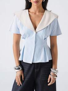 LYSMO 2026 New Arrive Minimalism Spring/Summer Women's Contrast Stripe Navy Collar Short Sleeve Single-Breasted Shirt,Summer Top - Blue - View 5