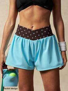 VARSITIE Women's Summer Patchwork Polka Dot Print V-Waist Sports Shorts - Multicolor - View 1