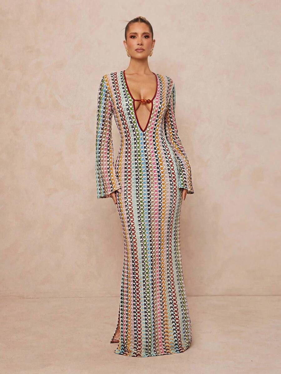 Lumalex 金属装饰深V领喇叭袖修身条纹印花连衣裙（女款）