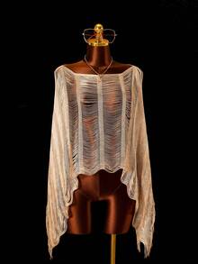 Zestiva Women's Elegant Boho Apricot High Slit Long Fringe Mesh Swimsuit Cover Up,Summer Beach Holiday Holiday,Seaside,Hot Spring,Suitable For Spring,Autumn - Gold - View 4