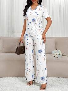 SHEIN Lady Bộ đồ 2 mảnh dành cho nữ, họa tiết hoa thanh lịch, có dây rút bên hông, gồm áo thun và quần, thích hợp cho mùa hè. - Nhiều màu - Xem 4