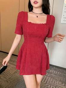 DAZY Autumn Coarse Texture Dark Red Retro 70's Square Collar Lady Elegant Petal Sleeve A-Line Waist Cinched Midi Dress Sun Dresses For Women Party - Hot Pink - View 4