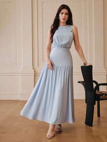 ZEYLAH 女士优雅纽扣装饰腰部无袖连衣裙，夏季 - 藍色 - 查看 7