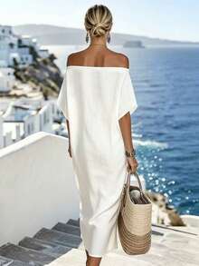 Balvessa 休闲度假露肩条纹宽松连衣裙 - 白色 - 查看 2