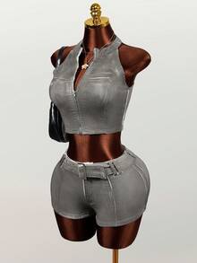 Mistrie Áo khoác gile denim cổ bẻ dáng ngắn có khóa kéo dành cho nữ - trắng - Xem 8