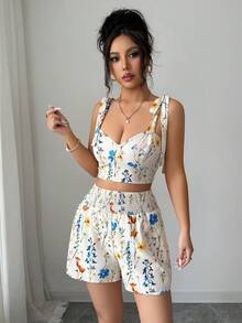 Selianne 女士优雅印花两件套，适合夏季度假 - 杏色 - 查看 4