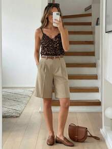 SHEIN LUNE 休闲百搭时尚豹纹撞色蕾丝V领吊带背心（女款） - 彩色 - 查看 3