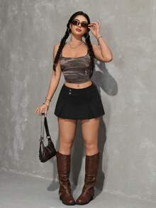 SHEIN PETITE 女士腰部纽扣设计褶裥下摆流苏装饰时尚牛仔迷你裙 - 黑色 - 查看 5