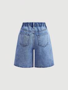 Girlism Teen GirlFloral Embroidered Pattern Blue Denim Loose Wide Leg Shorts - Medium Wash - View 5