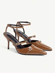 CUCCOO CHICEST Women's Shoes New Three-Strip Rhinestone Square Buckle Pointed High Heel Brown Khaki Patent Leather PU Leather Women's High Heel Shoes Slingbacks Temperament Elegant Commuter Style Dinner Party Wear - Mocha Brown - View 1