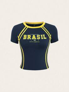 SHEIN Unity Camiseta de fútbol de aficionado de Brasil, cuello de tripulación con ribete contrastante, manga corta, top corto de ajuste ceñido - Azul Marino - Ver 3