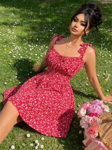Elenzga Plus Size Women's Summer Date/Vacation French Style Elegant Ditsy Floral Twist Shoulder Cinched Waist Cami Dress - Multicolor - View 1