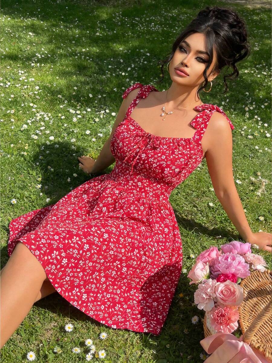 Elenzga Plus Size Women's Summer Date/Vacation French Style Elegant Ditsy Floral Twist Shoulder Cinched Waist Cami Dress - Multicolor - View 1