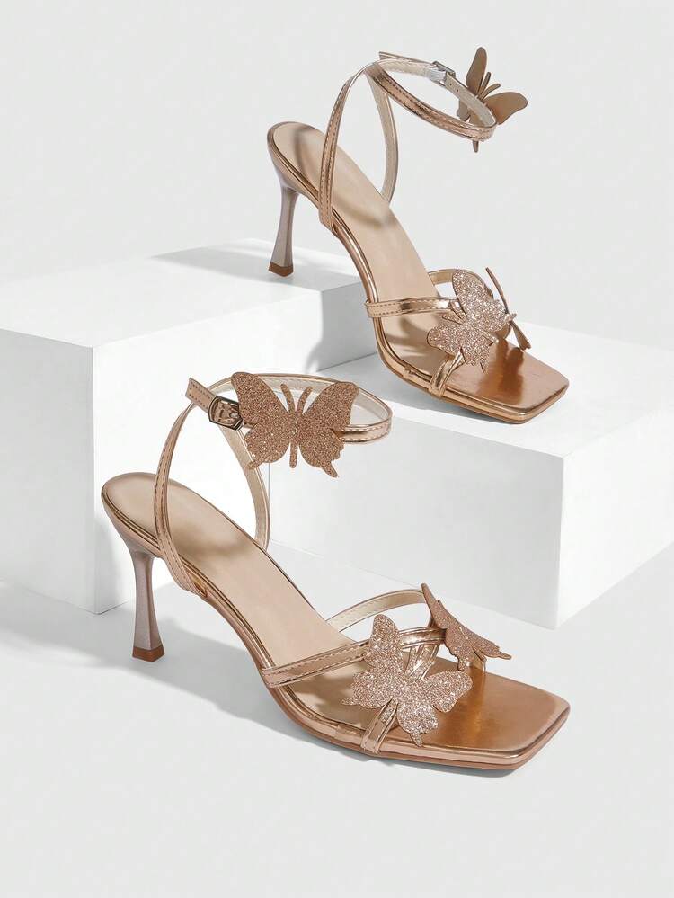 CUCCOO SZL Women's High Heel Sandals With Butterfly Element, Multi-Strap Crisscross Design, Square Toe, Stiletto Heel, Ankle Strap, Light Gold PU Metallic Material, Sexy High Heel Sandals For Christmas Prom Heels