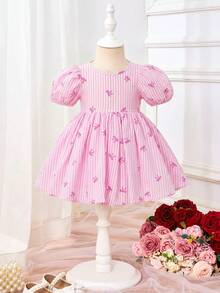 SHEIN Đầm ngắn tay kẻ sọc dễ thương, thanh lịch cho bé gái, thích hợp cho mùa hè. - Nhiều màu - Xem 2