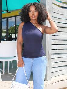 Steph T Áo cánh nhún bèo màu mơ, ôm sát vai bất đối xứng, thời trang tối giản, thanh lịch, đa năng, thích hợp mặc hàng ngày và đi làm, xuân/hè - Màu xanh hải quân - Xem 1