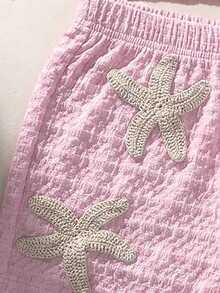 Sparklyn Bộ đồ 2 món kẻ sọc phong cách Y2K cho bé gái, áo croptop cúp ngực họa tiết bong bóng thêu hình sao biển và quần short, mềm mại và thoải mái, phong cách ngọt ngào cho kỳ nghỉ hè ở bãi biển, thích hợp cho mùa hè. - Hồng - Xem 6