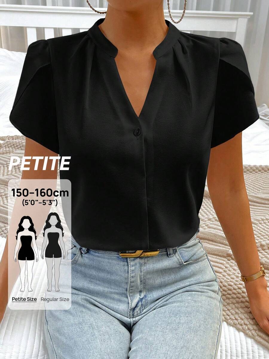 EMERY ROSE EMERY ROSE Black Elegant Summer Everyday V-Neck Ruffle Sleeve Casual Loose Commuter Vintage Vacation Blouse,Women's Petite XXS Clothes Modern Office Tops,Shirts - Black - View 1