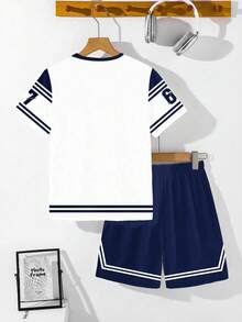 Teen Boy Casual Minimalist Short Sleeve Crew Neck T-Shirt And Shorts Set, Suitable For Summer - Multicolor - View 3