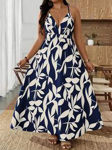Weeklong Vestido longo feminino plus size com estampa tropical, sem mangas, ombros à mostra, alças finas e cintura marcada. Modelo solto, casual, para férias na praia, viagens e moda sexy e elegante para o verão. - Azul Real - Ver 3
