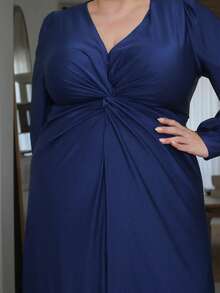 Pretty and Ole 大码女式法式休闲V领长袖连衣裙，派对装 - 藏蓝色 - 查看 3