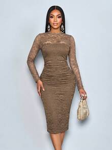 SOLERSUN Sexy Elegant Simple Floral Print Spring/Autumn Women Dress - Khaki - View 4