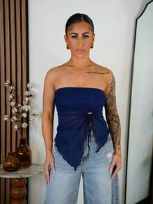 SAYEHFBABY 不對稱襯衫女性無肩帶上衣 - 藏蓝色 - 查看 6