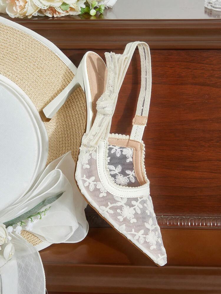 CUCCOO HITCHD Women Shoes Outdoor Women's Pointed Toe Stiletto Mesh Fabric Bow Decoration Embroidery Design Stylish, Simple And Comfortable Daily Party Wedding Banquet With Truffle Heel Solid Color Shoes