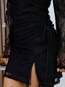 SAYEHFBABY 女式秋季 Y2K 派对垃圾朋克 V 领蕾丝长袖优雅迷你黑色连衣裙 - 黑色 - 查看 3