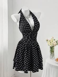 Sweetra Black And White Polka Dot Deep V-Neck Backless Spaghetti Strap Bodycon Mini Dress,1920s Flapper Elegant Summer Vacation Plus Size Ruffle Hem - Black and White - View 8