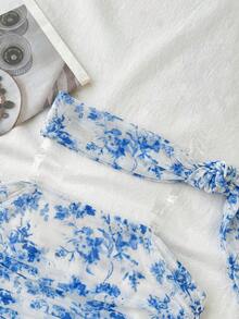 SHEIN 少女碎花褶皱抹胸上衣，适合海滩、夏季、复古风格 - 藍白色 - 查看 3