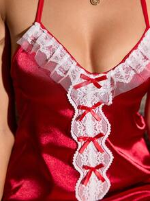 SilkySpell Conjunto de pijama de mujer con cuello en V sexy de seda sintética rojo vino y encaje en contraste - Burdeos - Ver 6
