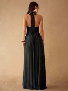 Silquee Elegant Black Summer Party Night Tie-Neck Ruched Waist A-Line Dress,Sleeveless Vacation,Beach,Nightclub,Cocktail,Wedding Guest,Bridesmaid,Graduation - Black - View 2