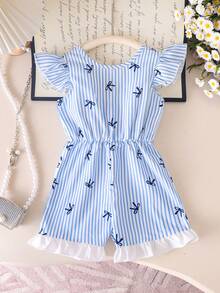 Elladie kids 女童蓝白条纹荷叶边无袖连体衣，优雅舒适的夏季服装 - 藍色 - 查看 2