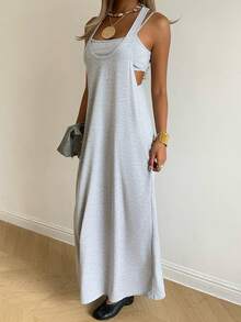 SHEIN EZwear Đầm dệt kim màu xám không tay kiểu dáng thường ngày dành cho nữ, thích hợp cho mùa xuân/hè. - Màu Xám nhạt - Xem 5