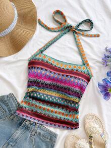 Soleia New Arrival Spring/Summer Vacation Halter Neck Tie Strap Women Striped Camisole - Purple - View 4