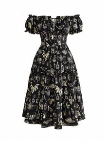 ROMWE Fairycore Plus Size Vintage Romantic Dark Moth Print Off Shoulder Petal Sleeve Dress For Women - Black - View 1