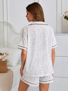 SHEIN Women's Cotton Floral Print Pajama Set Short Sleeve Button-Up Top & Shorts Contrast Piping Summer Sleepwear - Multicolor - View 2