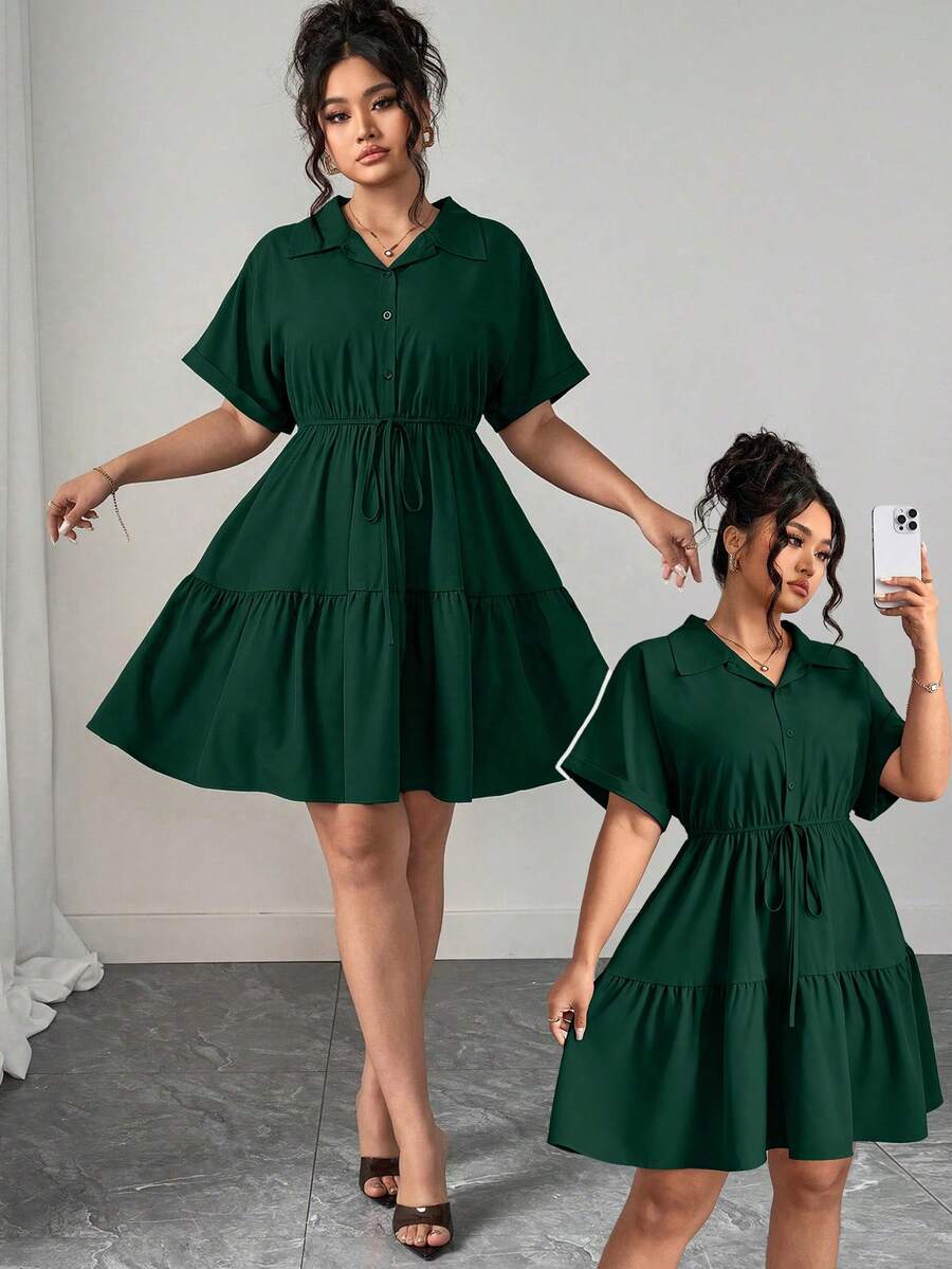 Elenzga Plus-Size Loose-Fitting Casual Shirt-Style Dress With Rich Details - Dark Green - View 1