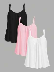 Tseoso Bộ 3 áo hai dây dáng rộng xếp ly bằng cotton 95% dành cho nữ, có dây đeo điều chỉnh được, thích hợp cho mùa xuân/hè, màu đen, trắng, hồng. - Nhiều màu - Xem 11