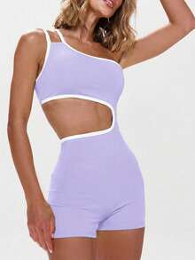 Musera Sport Asymmetrical Neck Contrast Trim Cut Out Unitard Active Workout Gympadel, Tennis, Pickleball Gym Fitness Yoga Pilates Daily Casual - Lilac Purple - View 5
