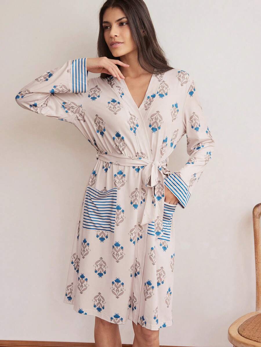 Doze Lane 女士休闲印花条纹贴袋中长款长袖睡袍 - 彩色 - 查看 1