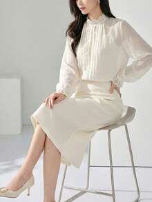 Heiryn Áo kiểu nữ thanh lịch phối ren, tay loe, chất liệu lưới xuyên thấu, xếp nếp. - trắng - Xem 4