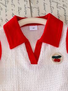 Elladie kids 两件套女童夏季新款杏色针织领樱桃装饰背心上衣和牛仔短裙，刺绣樱桃复古可爱套装 - 紅色 - 查看 6