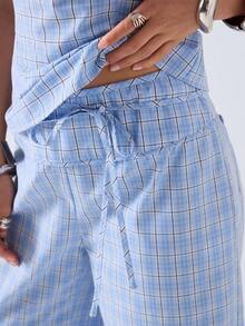 LYSMO 2026 New Arrive Minimalism Spring/Summer Women's Plaid Round Neck Sleeveless Top And Pants Casual 2 Pieces Set - Navy Blue - View 5