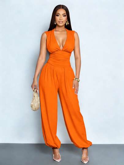 SOLERSUN Eleganter Jumpsuit für Damen mit tiefem V-Ausschnitt, ärmellos, geraffter Taille und weitem Bein